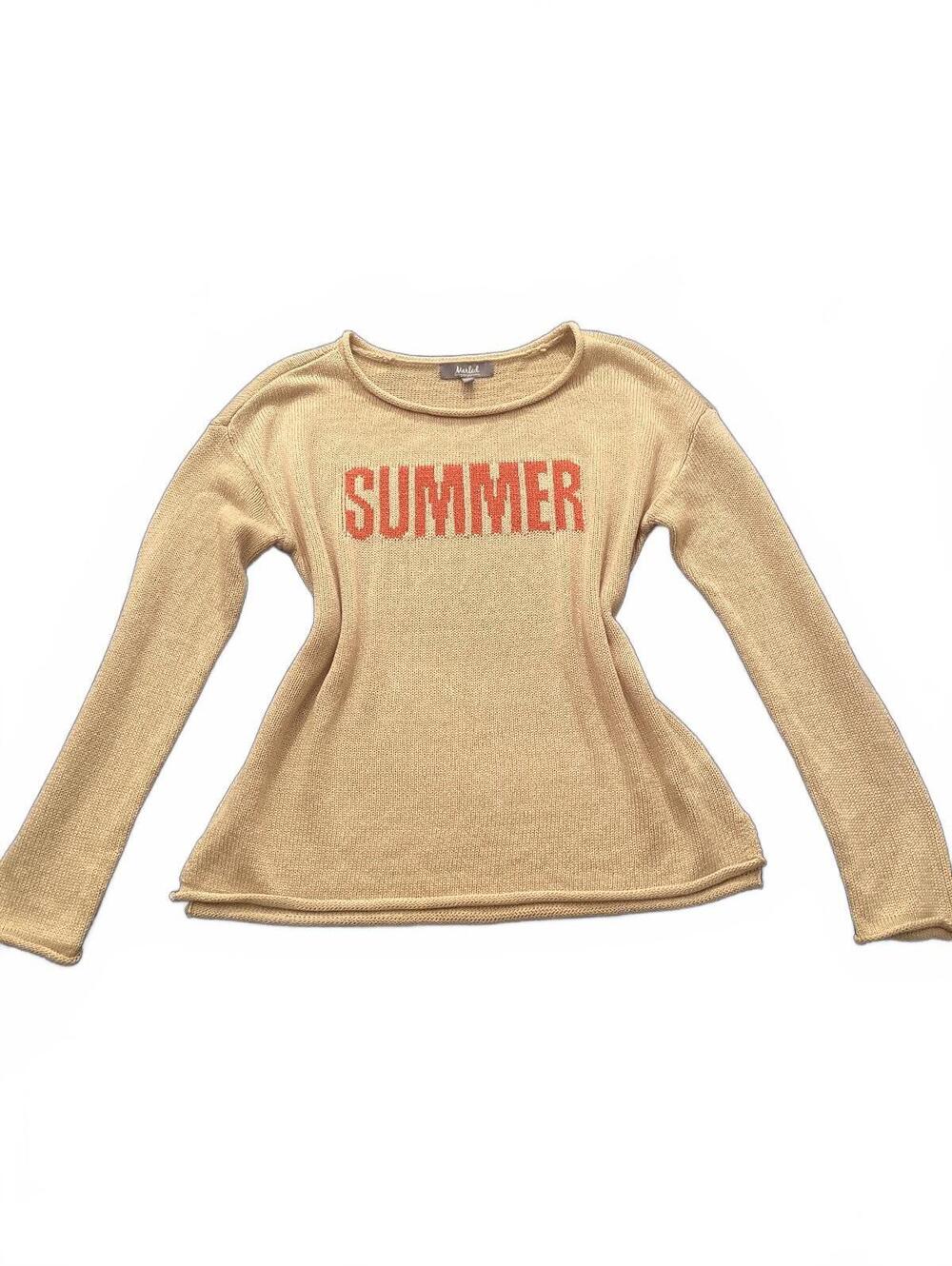 Marled Beige Acrylic Knit Sweater with SUMMER Print Medium